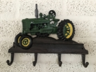 Farmhouse design coat rack with agricultural tractor, John Deere